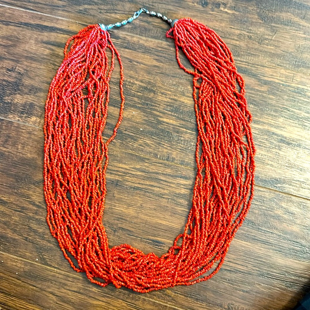 Vintage red coral seed bead multi strand necklace